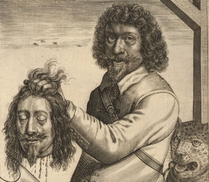 Artist depiction of the executioner holding up the head of King Charles I after his execution.