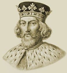 Depiction of King John, known as the villain of fairytales, before his royal death by dysentery in the 1200s. His face is stern and unforgiving, his mustache curled in a curious twist above his small mouth.