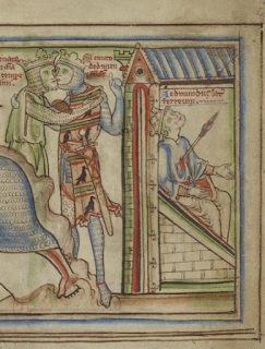 Artist rendering of one of the worst regicides in English history - that of Edmund Ironside. The etching pictures two lovers with crowns kissing outside of an outhouse, and inside the outhouse sits Ironside with a large spear piercing his body, appearing to be dead.