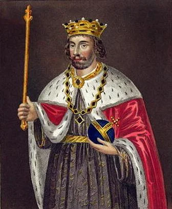 Portrait of Edward II, who would have one of the worst regicides in English history. He stands with a staff and wears a gold crown, draped in red robes.