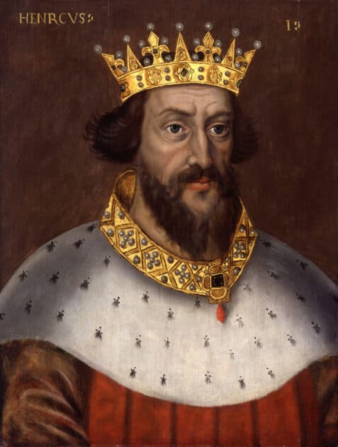 Image of King Henry I, who would die of one of the grossest and most brutal royal deaths in history. His stern, wrinkled face hides behind a mahogany-coloured beard and mustache, and his small eyes look to the side.