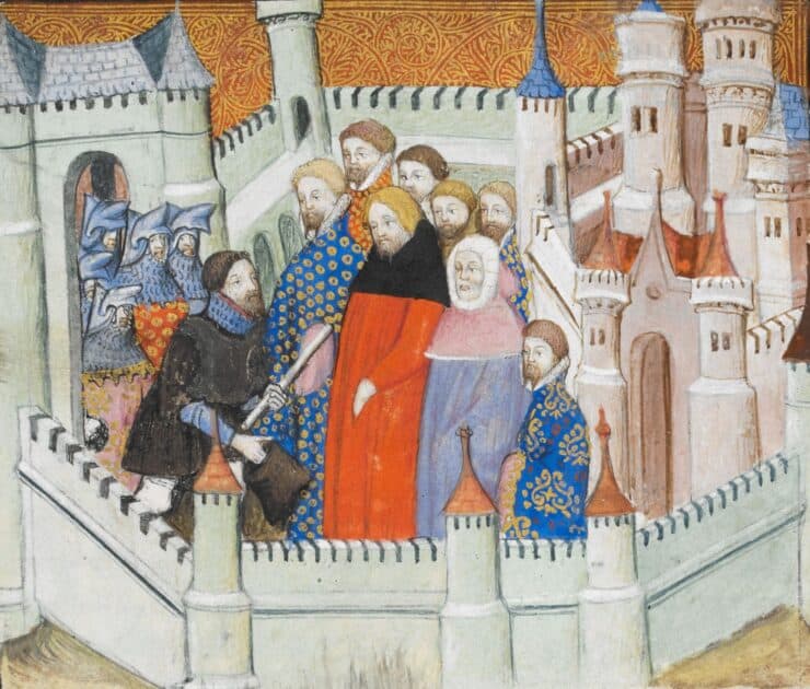 Artist depiction of Richard II's surrender at Flint Castle. He would be imprisoned at a different castle, and would soon be murdered while held there.