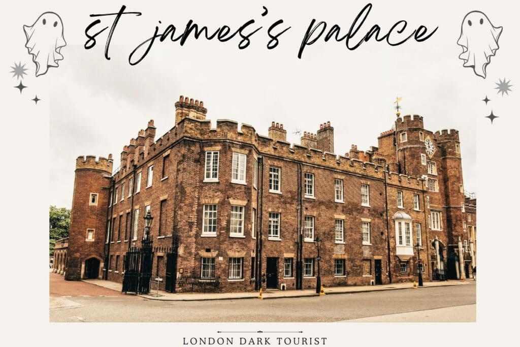St. James's Palace, captured in its red-brick Tudor style grandeur, is complemented by whimsical ghost illustrations, reinforcing its status among the storied haunted houses of London. The palace's classic architecture and historical aura invite tales of the paranormal in the heart of the city.