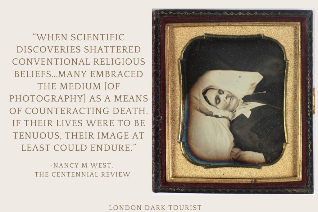 a representation of Victorian post-mortem photography, a type of memento mori, where deceased individuals were photographed, often in a lifelike pose, to serve as a lasting memory for the living. This practice was especially prevalent in an era when photography was a new technology, and before it became commonplace. The quote from Nancy M. West in The Centennial Review contextualizes the era's transition, noting how the advent of photography was used as a way to preserve the image of loved ones after death, at a time when shifts in scientific and religious thought were changing how people dealt with mortality and remembrance.
