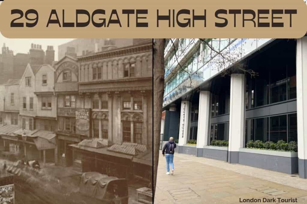 Then and now comparison of 29 Aldgate High Street, London. On the left, a historical black and white photo shows the Victorian-era buildings with visible signage, including a school. On the right, a modern-day color photo of the same location featuring a person walking past contemporary buildings with large glass windows and a noticeable absence of the previous architecture's detail.