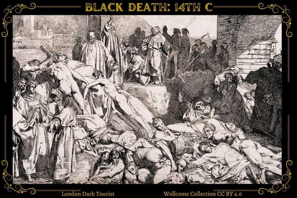 Historical engraving depicting the Black Death in the 14th century at the London Charterhouse. The scene shows numerous figures in despair, some attending to the sick and dying, while others lay lifeless on the ground. A group of onlookers in period attire stands by a mass grave, hinting at the grim reality of the plague. Notably, architectural elements and clothing styles provide a sense of the period, offering context for 'Charterhouse history'.