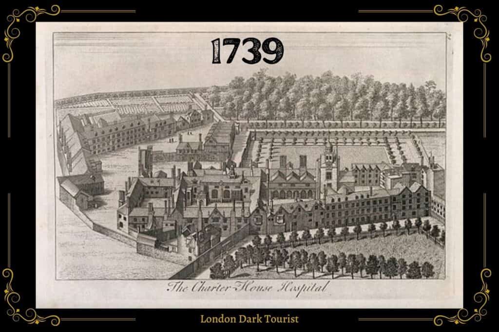 A detailed 1739 engraving of The Charterhouse Hospital, London, from an elevated perspective. The etching shows a large, walled compound with a series of buildings organized around courtyards, gardens lined with trees, and a formal layout indicative of institutional architecture of the period. The surrounding area of Charterhouse Square is depicted with smaller buildings, reflecting the historical urban context of the 'charterhouse square'.