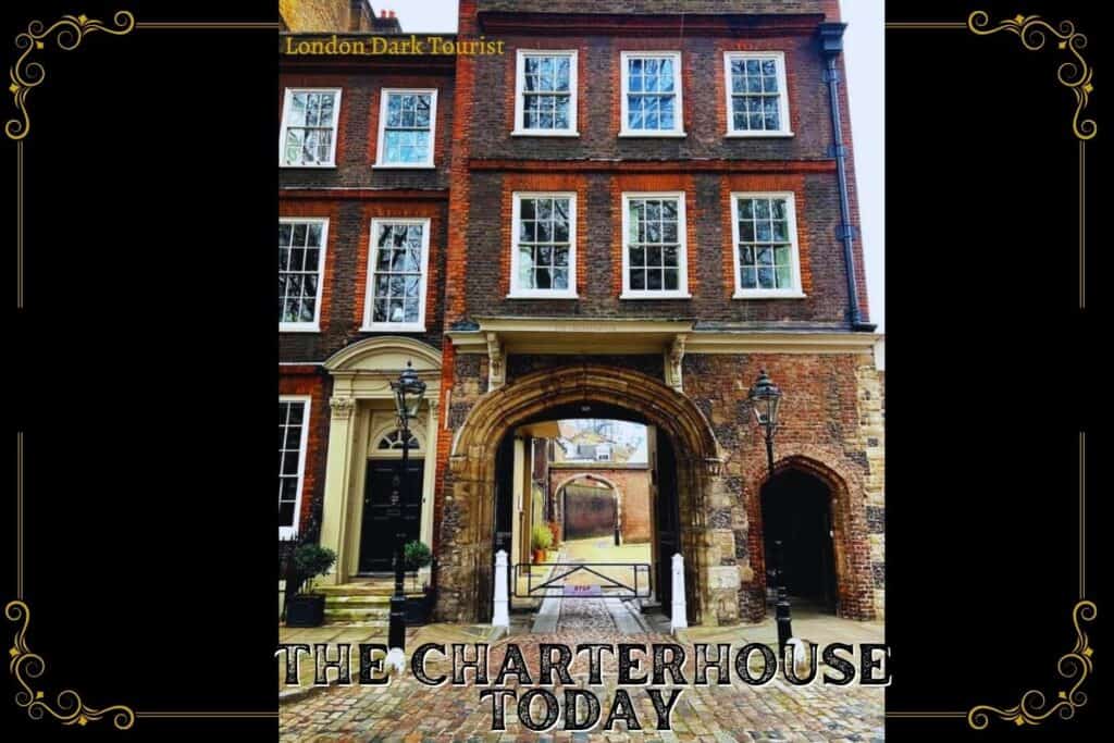 Contemporary photograph of The Charterhouse in London, displaying its well-preserved red brick facade with white sash windows. The building features a grand arched entranceway leading to a cobbled courtyard, reflecting the enduring architectural heritage of 'charterhouse square london.' Gas-style lamps and greenery by the doorway add to the historical ambiance of the site as it stands today.