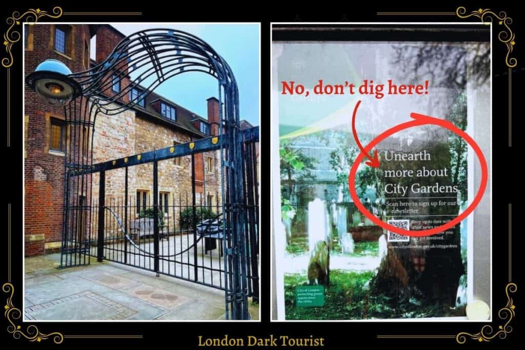 A split image featuring two scenes from Charterhouse Square, London. On the left, a modern iron gate with a distinctive bird-like design arches over a paved entranceway, leading to a courtyard with historical brick buildings in the background, showcasing a blend of old and new architecture. On the right, a playful sign reads 'No, don't dig here!' encircling text 'Unearth more about City Gardens,' placed over an image of a serene garden, suggesting historical significance and the modern effort to preserve 'charterhouse square london.'
