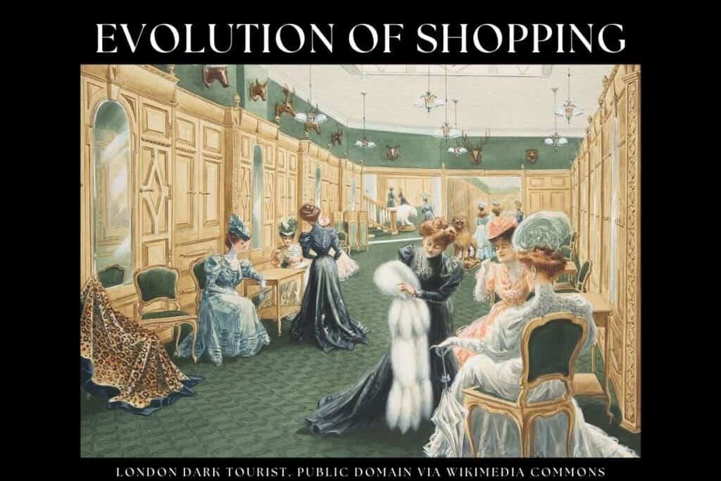 A vintage illustration of an elegant early 20th-century shopping scene, showcasing women in lavish dresses and hats perusing and socializing in an upscale store. This image reflects on the 'Evolution of Shopping', a period that offered opportunities for the female gangsters of the 40 Elephants to exploit the new retail environments