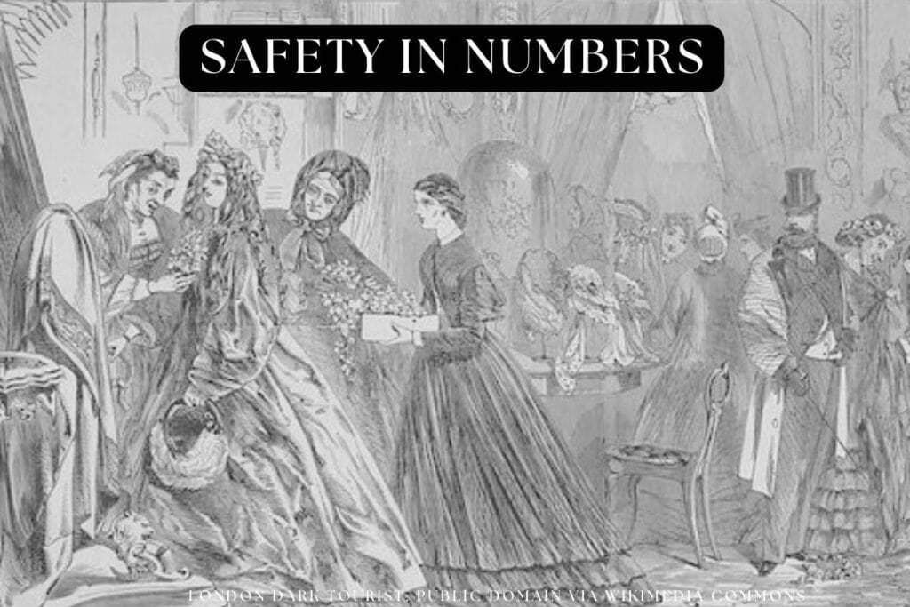 Historic illustration of a crowd of women shopping in a Victorian store, with the shop assistant holding a box of goods for the ladies of leisure to try on. The 40 elephants would use a similar "crowd crush" technique to distract shopkeepers.