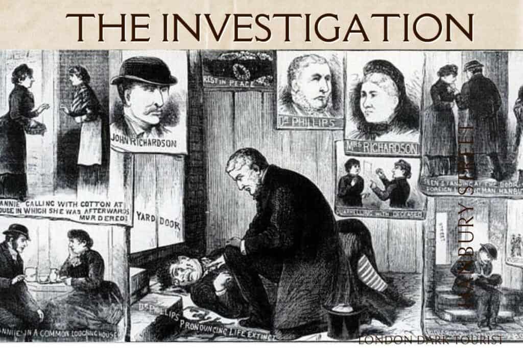 Detailed illustration from a period newspaper depicting various scenes from the investigation into Annie Chapman's murder by Jack the Ripper, including images of key figures, such as John Richardson and Dr. Phillips, and scenes of Annie at the lodging house and the yard door where the crime occurred.