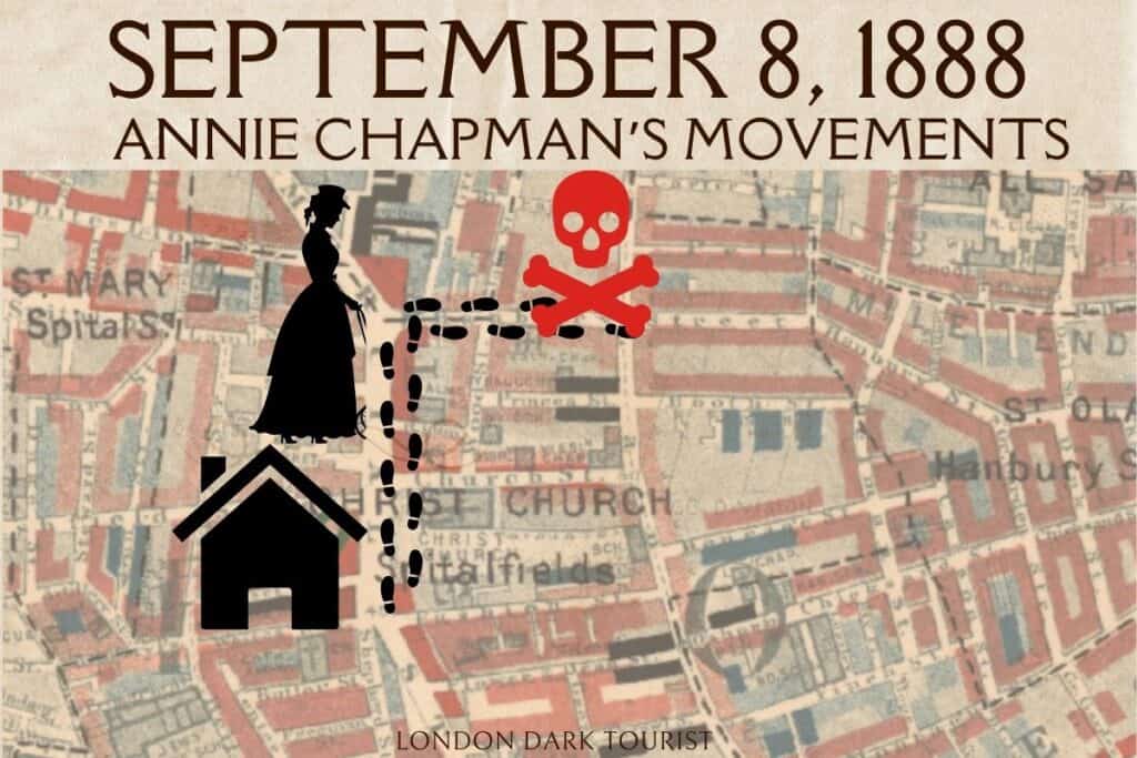 A map overlay depicting Annie Chapman's movements on September 8, 1888, with a dotted line leading to a skull and crossbones symbol, set over a historical map of London's East End. Silhouettes including a Victorian woman and a house icon enhance the visual narrative of the events that day.