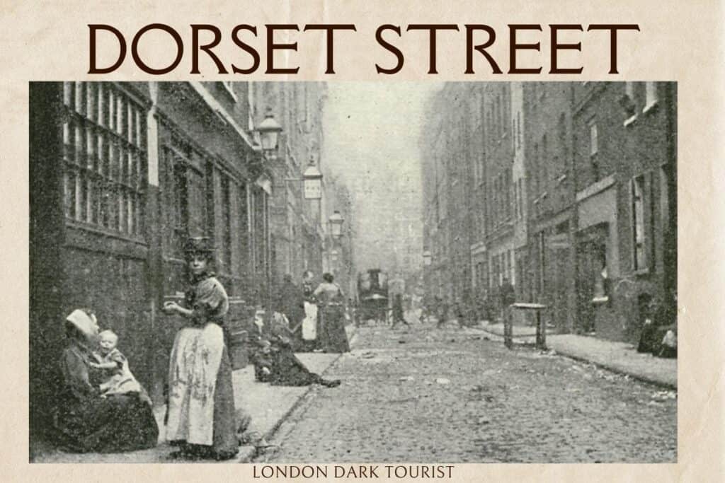Vintage black and white photograph of Dorset Street in Spitalfields, capturing the daily life of the era with cobbled streets, residents mingling, and a mother holding a child, tying into the narrative of Jack the Ripper's second victim.