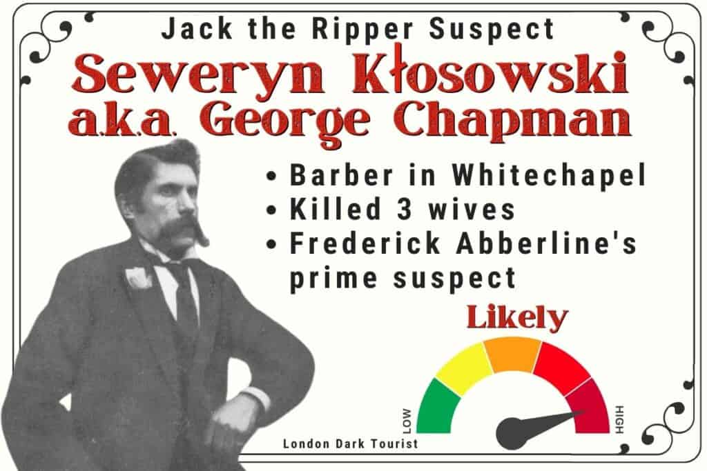 Photograph and profile of Jack the Ripper suspect Severyn Klosowski, also known as George Chapman. Highlights include his occupation as a barber in Whitechapel, accusation of killing three wives, and being a prime suspect by Frederick Abberline, indicated with a 'Likely' gauge on a risk meter.