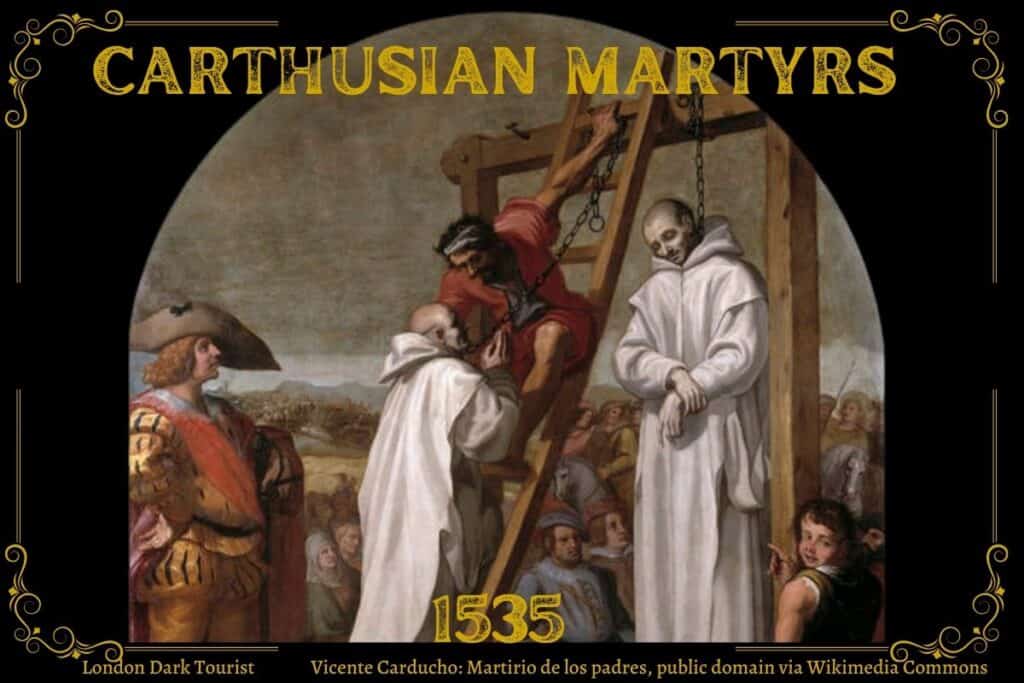 A painting titled 'Martyrdom of the Fathers' by Vicente Carducho, depicting Carthusian monks facing martyrdom in 1535, associated with the history of the London Charterhouse. The central figure is bound to a wooden wheel, expressing anguish while another monk in white robes stands solemnly by, and a figure in a broad-brimmed hat looks on, reflecting the turmoil and persecution of the 'london charterhouse' Carthusian monks.