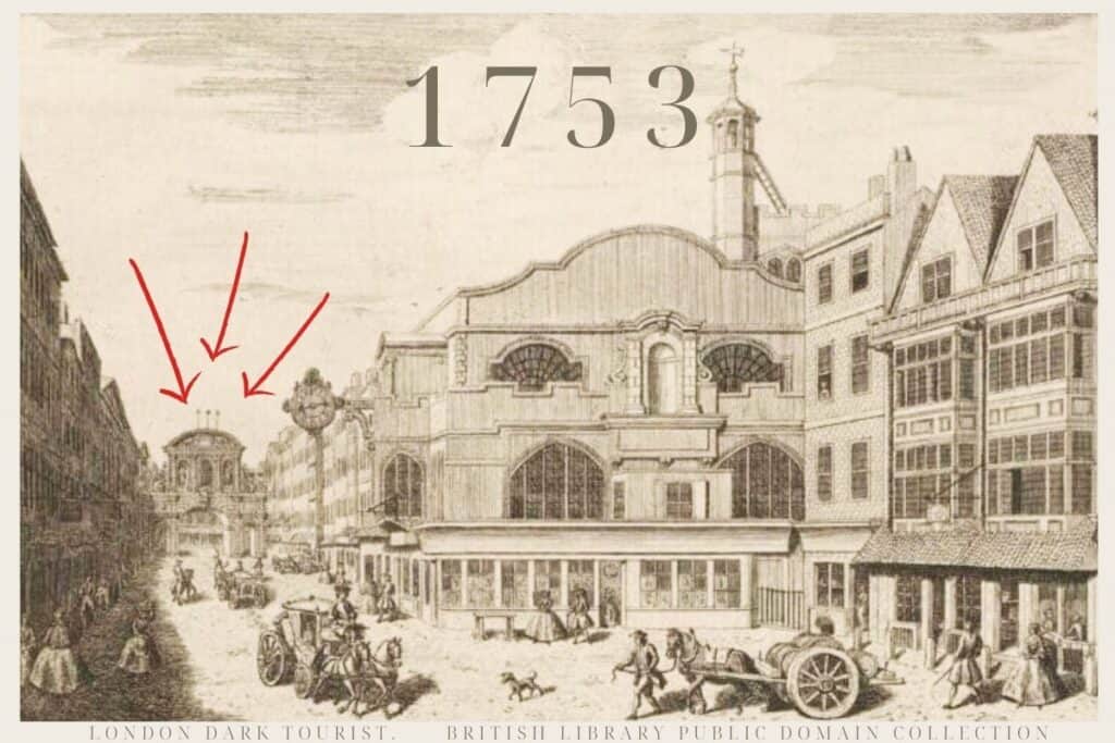 1753 etching depicting a bustling scene at one of London's historic city gates, Temple Bar, with horse-drawn carriages, pedestrians in period attire, and the distinctive architecture of the gate prominently featured in the background. In the distance you can see three heads perched on spikes atop the arch of Temple Bar.
