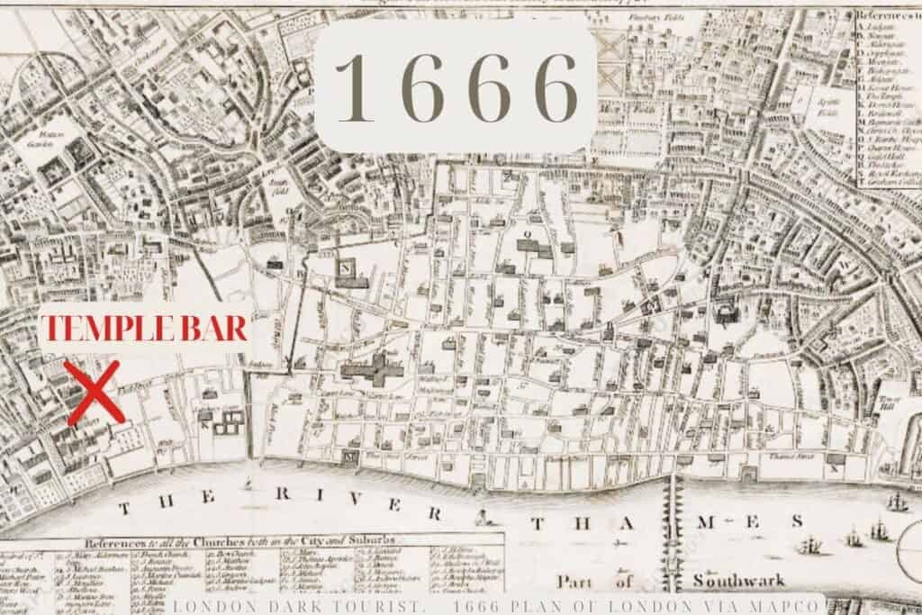 A detailed section of the 1666 map of London highlighting the location of Temple Bar, marked by a red 'X,' before the Great Fire, showing the intricate street layout of the city and the winding Thames River at the bottom.