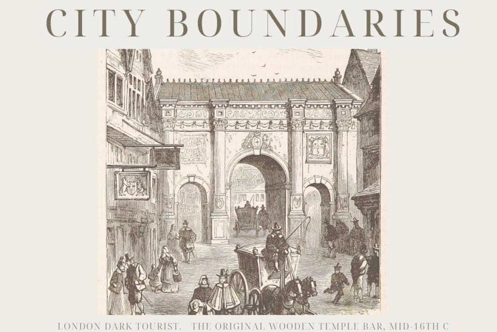 A historic etching of traders in horse and buggies making the journey to the inside of the city underneath a wooden iteration of the Temple Bar gate. Such old city gates served to regulate trade and passage in and out of the city boundaries.