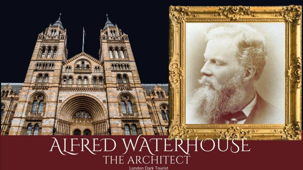 A haunting nighttime view of the London Natural History Museum building juxtaposed with a framed sepia portrait of Alfred Waterhouse, the architect, with his name boldly inscribed below, suggesting his ghostly watch over the Gothic Revival structure he designed.
