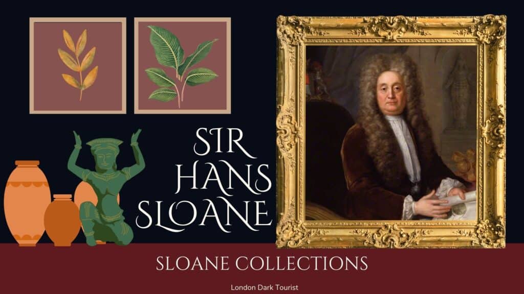 A collage evoking the mystique of the 'London Natural History Museum ghosts' with items from the Sloane Collections: a dignified portrait of Sir Hans Sloane, botanical illustrations, ancient pottery, and a figurine, alluding to the storied past and spectral whispers that inhabit the museum's galleries.