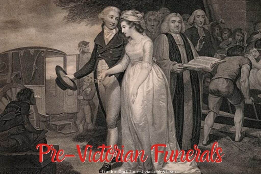 An engraving depicting a Pre-Victorian funeral scene with elegantly dressed mourners and a clergyman holding a book, presumably a bible. In the foreground, a man assists a woman into a horse-drawn hearse. The red text 'Pre-Victorian Funerals' overlays the image, adding context to the period attire and customs.