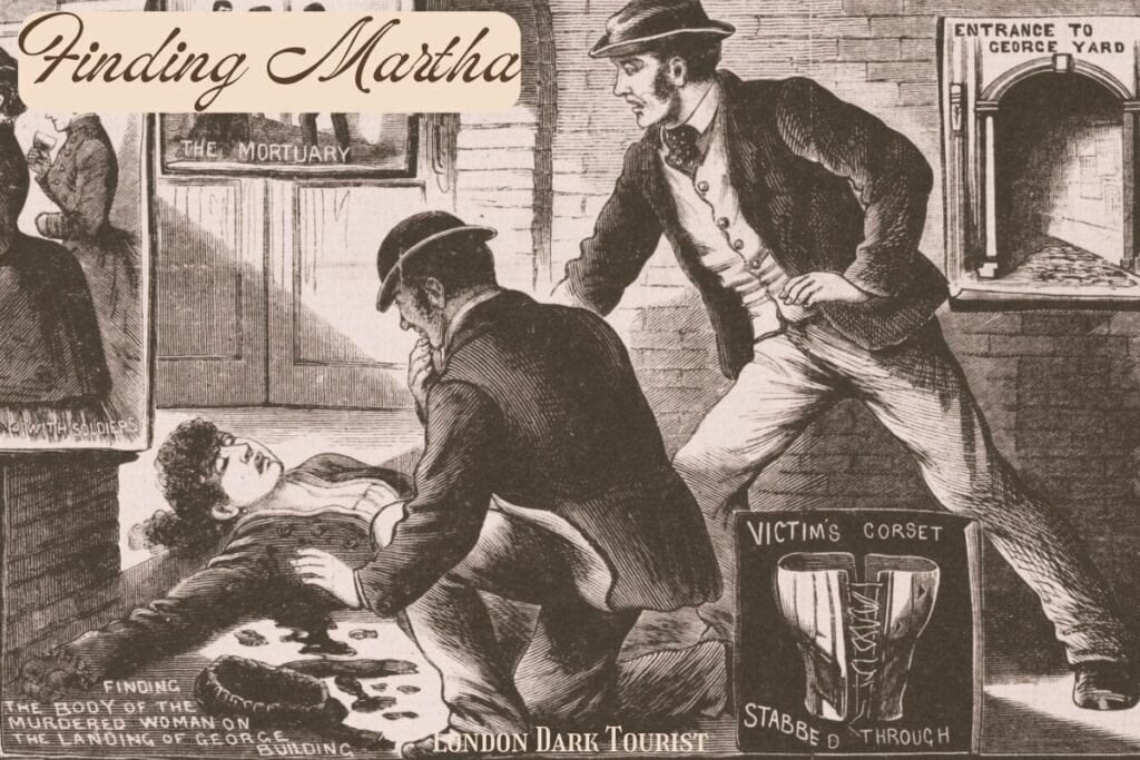 Historic illustration of the discovery of Martha Tabram's body on the landing of George Yard Buildings, with two men in Victorian attire observing the scene, and an inset image of a victim's corset.