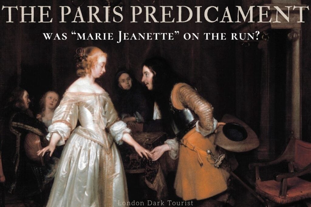 A classic painting depicting a scene of a courtesan in Paris. Text reads: 'The Paris Predicament', with a questioning subtitle 'Was "Marie Jeanette" on the run?'. It shows a moment of interaction between elegantly dressed figures from a bygone era, hinting at a historical mystery involving Marie Jeanette Kelly. Keywords: Marie Jeanette Kelly, historical painting.