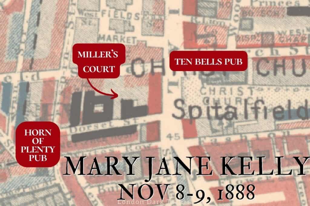 Historic map fragment highlighting key locations with labels, including 'Miller's Court' and 'Ten Bells Pub' in the Spitalfields area, associated with Mary Jane Kelly, dated Nov 8-9, 1888. Keywords: Miller's Court, historic Spitalfields map.