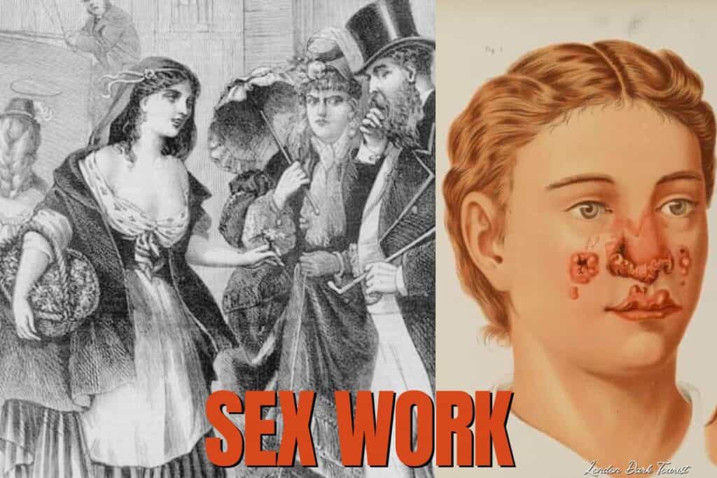 Victorian-era illustration juxtaposing the allure and the perils of sex work. On the left, a group of women in period attire suggests the façade of glamor, while on the right, a close-up of a person's face with visible signs of disease underscores the harsh and dangerous realities faced by sex workers. This image is powerful for an article on the most dangerous Victorian jobs.