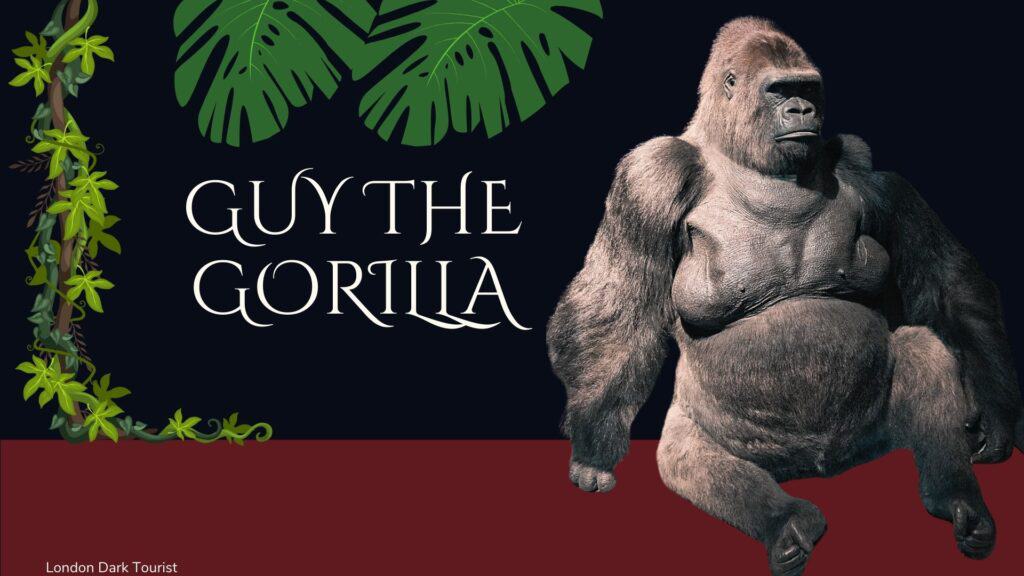 The imposing figure of Guy the Gorilla, a legendary resident of the 'London Natural History Museum', looms against a dark background, surrounded by lush green foliage, invoking the haunted memories of a beloved exhibit in a museum shrouded in mystery and tales of the London Natural History Museum haunted past.