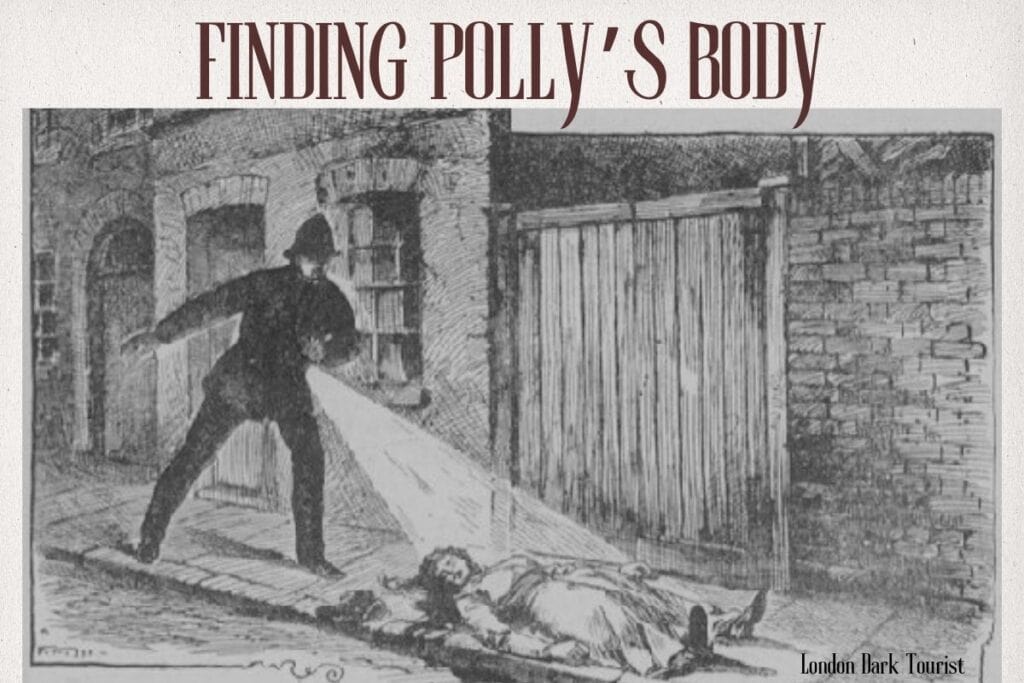 Historical illustration depicting the grim discovery of Polly Nichols' body in Buck's Row, with a police officer shining a lantern on her, capturing a pivotal moment in the Jack the Ripper case.
