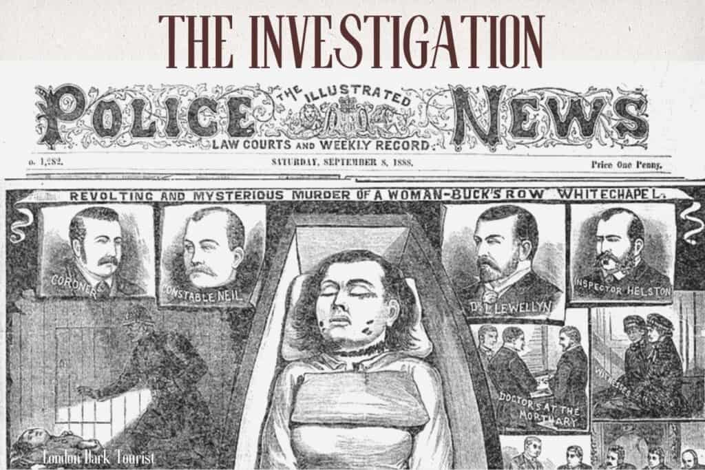 Reproduction of an 1888 'Police News' newspaper featuring the police investigation into Polly Nichols' murder, with engravings of key figures like the coroner, a constable, and an inspector, as well as a depiction of the deceased in a coffin, illustrating the historic law enforcement response to the crime.