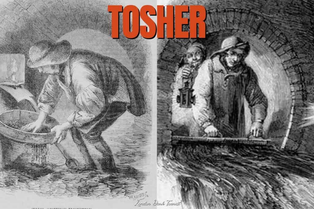 A composite image featuring Victorian 'Toshers', with the bold title 'TOSHER' spanning across. On the left, a Tosher bends over a sieve in a sewer, searching for valuables in the muck. To the right, another Tosher with a lantern peers cautiously into the sewer depths. These illustrations depict the perilous and filthy job of sewer scavenging, common among the destitute of Victorian London.