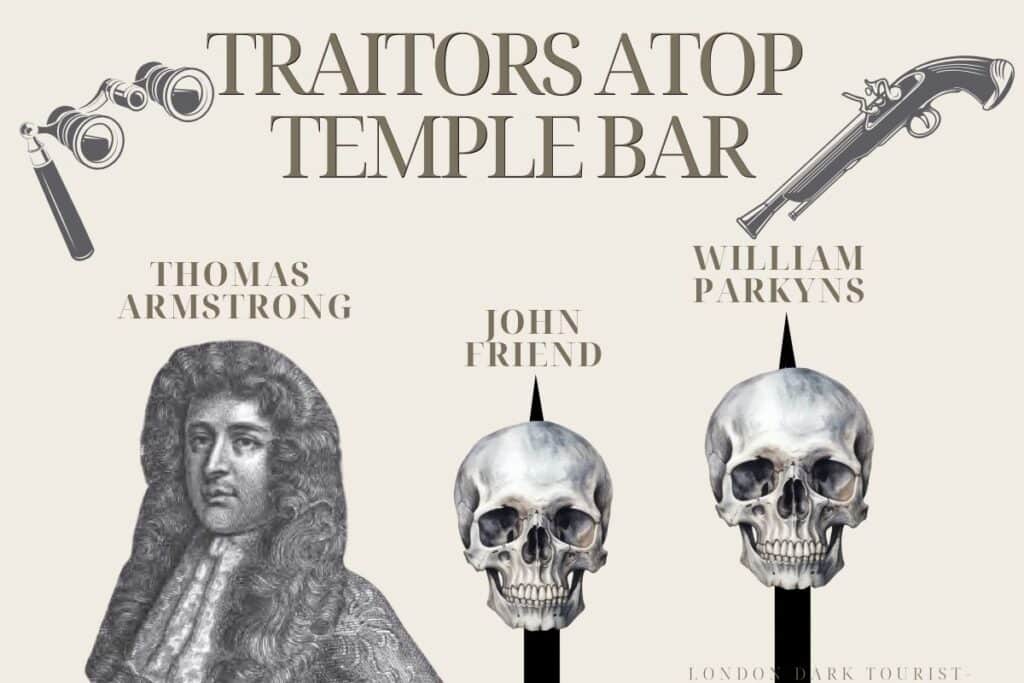 A graphic illustration juxtaposing the portraits of Thomas Armstrong and William Parkyns, with a skull symbolically representing John Friend, against the backdrop of a monochrome Temple Bar, labeled with the phrase 'TRAITORS ATOP TEMPLE BAR.'