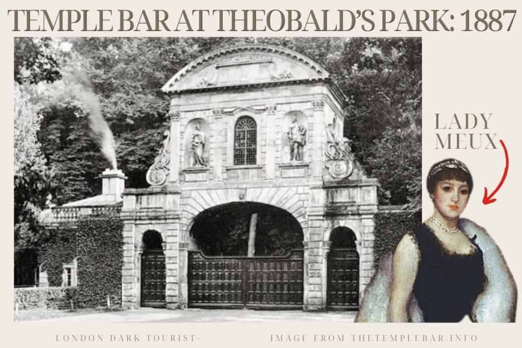 Historical photo from 1887 of Temple Bar at Theobald's Park with a side portrait of Lady Meux, an English socialite. The gate stands majestic amidst lush greenery, outside Lady Meux's estate, far from where it once stood in London and where it would stand again after it's several relocations.