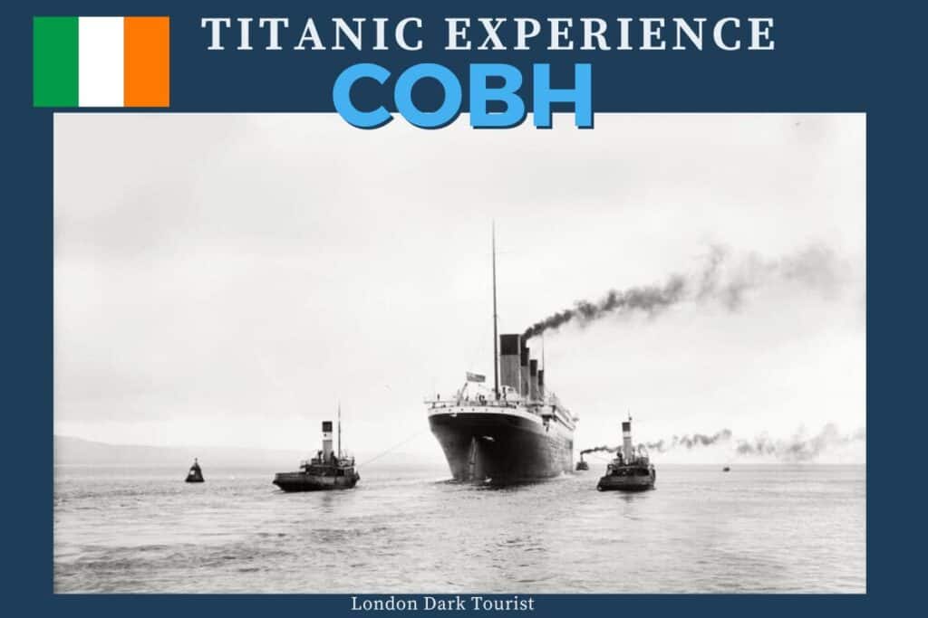 A historic black and white image of RMS Titanic flanked by tugboats, part of the Titanic Experience Cobh, Ireland, which offers insights into the ship's story and displays Titanic artifacts.