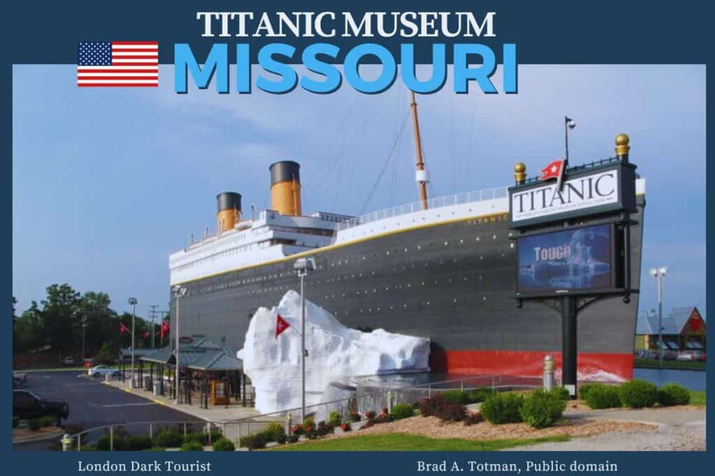 Exterior view of the Titanic Museum in Missouri, USA, designed to resemble the historic RMS Titanic with a large model iceberg, under a clear blue sky, showcasing the ship's legacy and offering an interactive experience.