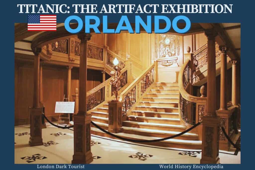 Replica of the grand staircase from the RMS Titanic within the Titanic: The Artifact Exhibition in Orlando, USA, showcasing the opulent craftsmanship and historical artifacts of the ship.