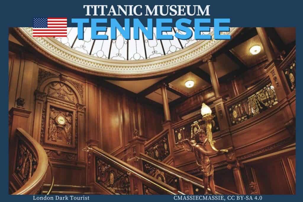 Elegant wooden replica of the Titanic's grand staircase inside the Titanic Museum in Tennessee, USA, rich in detail and craftsmanship, honoring the ship's historical significance