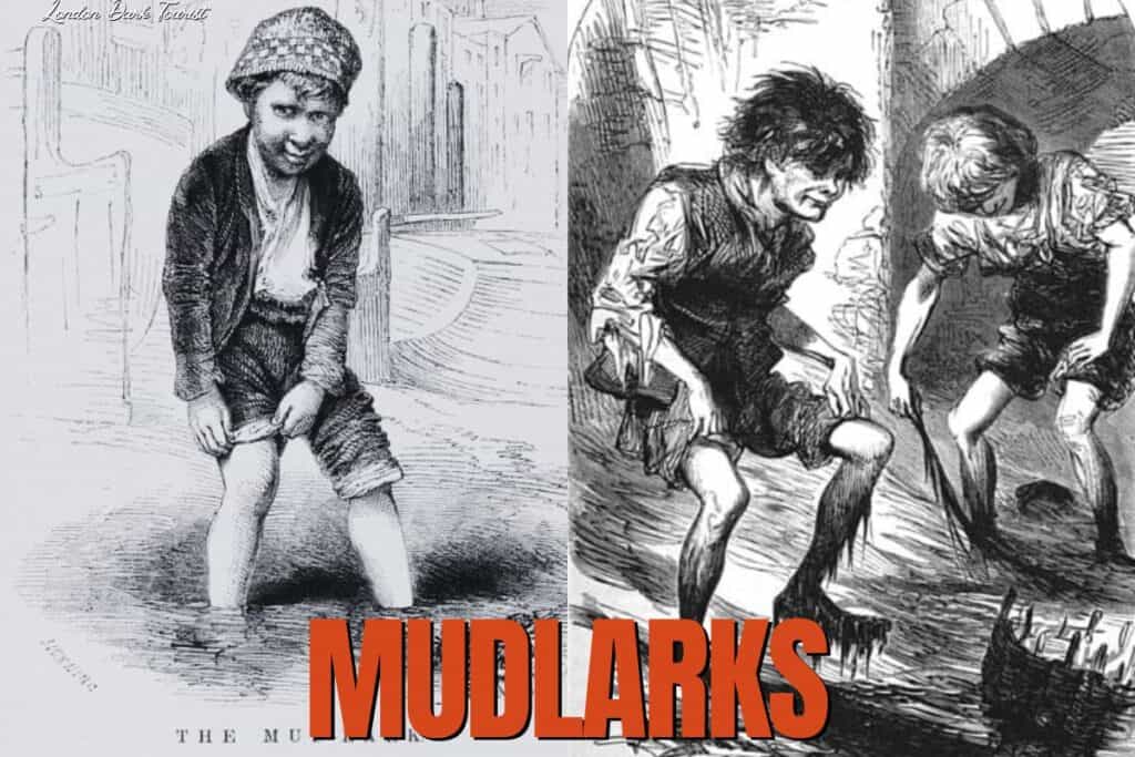 Split image with the bold title 'MUDLARKS' captures the essence of Victorian child labor along the Thames. On the left, a solitary child with a hopeful expression kneels, sifting through the mud for valuables. On the right, two children, covered in grime, work together in their search. These illustrations depict the hard and often overlooked scavenging work of mudlarks in the 19th century.
