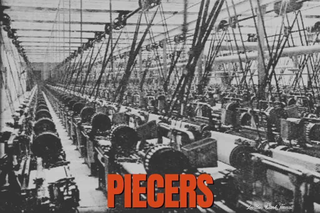 Black and white photo with 'PIECERS' boldly overlaid, showing the vast interior of a Victorian textile factory. Rows of spinning frames stretch into the distance, where children, known as piecers, would work to join broken threads. The scale of the machinery and the factory's architecture underscore the demanding industrial environment where child labor was prevalent.