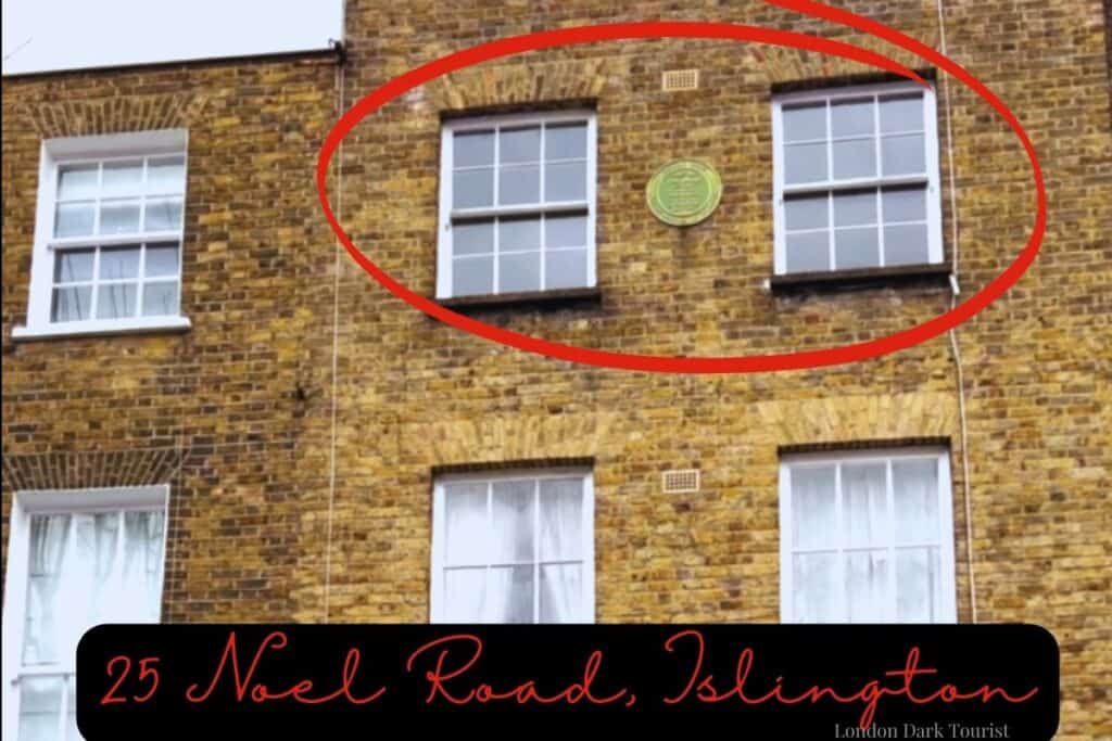 Close-up view of the upper stories of a Georgian brick townhouse at 25 Noel Road, Islington, highlighted by a red ellipse to mark the significance of the location related to the infamous Islington murders and the Joe Orton murder.