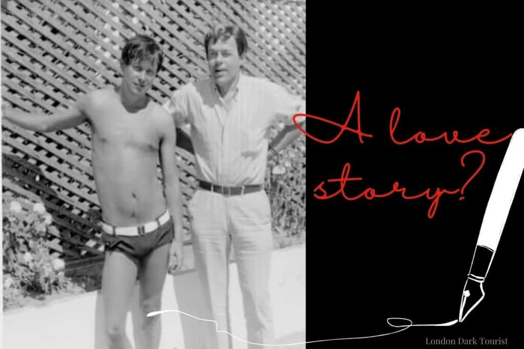 A vintage black and white photo of playwright Joe Orton with a male companion, posing casually against a lattice backdrop, accompanied by a thought-provoking red text, 'A love story?', hinting at the complex relationship that ended in Orton's tragic murder.