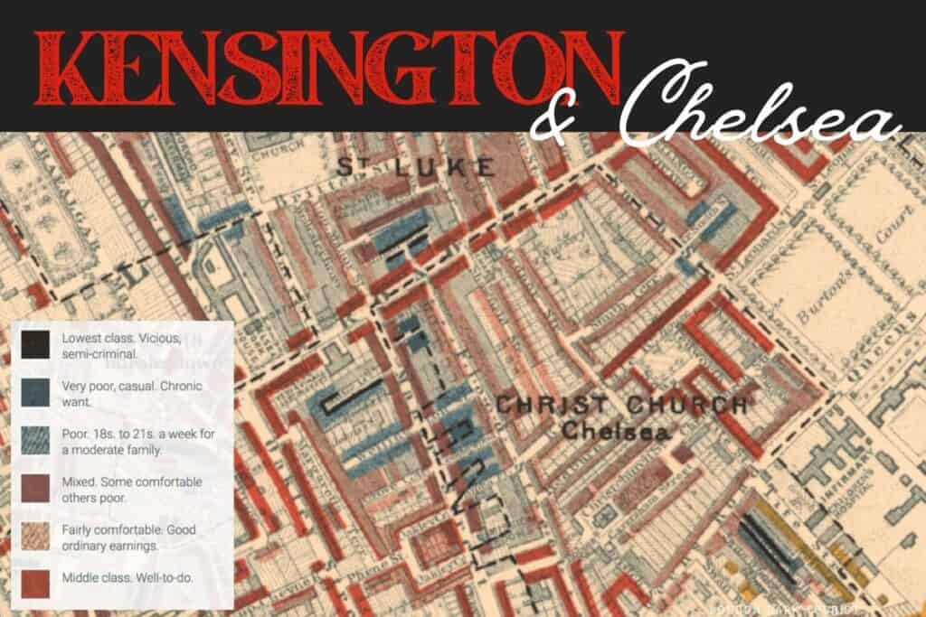 A historical map of Kensington and Chelsea with overlays indicating social class from the late 19th to early 20th century. The map, color-coded to show areas ranging from 'lowest class, vicious, semi-criminal' to 'middle class, well-to-do,' serves as a stark reminder of the stark social divisions in Victorian London. The area is now known for its affluence and cultural significance.
