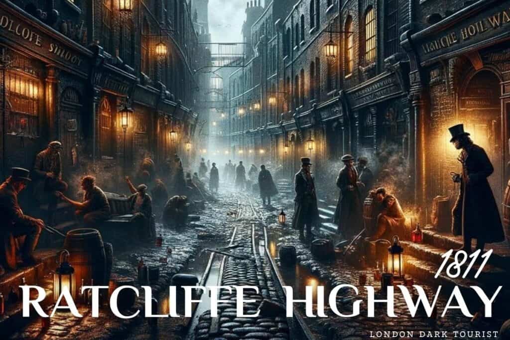 A vivid and atmospheric depiction of Ratcliffe Highway in 1811, bustling with activity and enveloped in the glow of gaslight. The cobblestone street is slick with rain, reflecting the light from the lamps and the lively taverns lining the road. Townsfolk in period garb are seen engaging in evening commerce and conversation, while a solitary figure in a top hat stands prominently to the right, perhaps surveying the scene. The image captures the essence of a London thoroughfare at the beginning of the 19th century, alive with the gritty charm of the era.