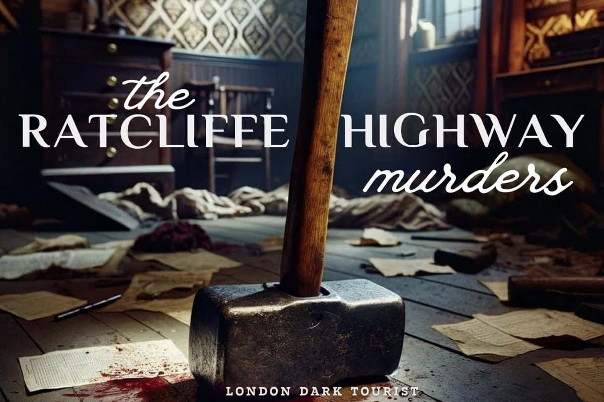 The cover image for a piece on the Ratcliffe Highway murders, showing a maul placed at the forefront on a wooden floor splattered with ink and blood, papers strewn about, and a lifeless body in the background. The somber scene is set in a dimly lit room with period furniture, suggesting a violent episode has occurred. The large, bold text 'the RATCLIFFE HIGHWAY murders' overlays the image, setting a dark and historical tone for the story.